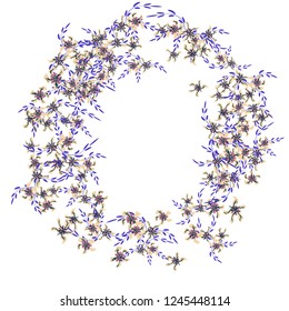 Floral Frame. Vector Round Pattern with Tiny Wild Flowers for Card, Banner, Placard. Floral Decoration for Wedding or Birthday Invitation. Trendy Design on White Background.