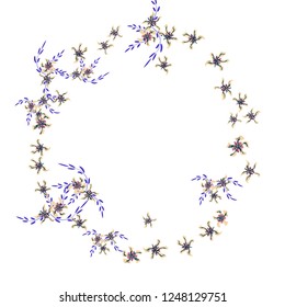 Floral Frame. Vector Round Pattern with Small Wild Flowers for Card, Banner, Placard. Floral Decoration for Wedding or Birthday Invitation. Colorful Design on White Background.