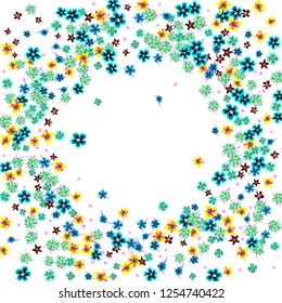 Floral Frame. Vector Round Pattern with Tiny Wild Flowers for Wallpaper, Brochure, Placard. Floral Decoration for Wedding or Birthday Invitation. Colorful Design on White Background.