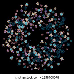 Floral Frame. Vector Round Pattern with Little Wild Flowers for Wallpaper, Brochure, Placard. Floral Decoration for Wedding or Birthday Invitation. Bright Design on Black Background.