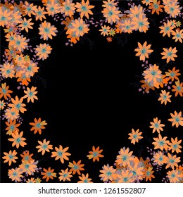Floral Frame. Vector Round Pattern with Small Wild Flowers for Wallpaper, Brochure, Placard. Floral Decoration for Wedding or Birthday Invitation. Colorful Design on Black Background.