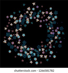 Floral Frame. Vector Round Pattern with Little Wild Flowers for Wallpaper, Brochure, Placard. Floral Decoration for Wedding or Birthday Invitation. Colorful Design on Black Background.