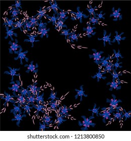 Floral Frame. Vector Square Pattern with Little Wild Flowers for Print, Cover, Poster. Floral Decoration for Wedding or Birthday Invitation. Trendy Design on Black Background.