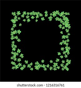 Floral Frame. Vector Square Pattern with Tiny Wild Flowers for Card, Cover, Poster. Floral Decoration for Wedding or Birthday Invitation. Bright Design on Black Background.