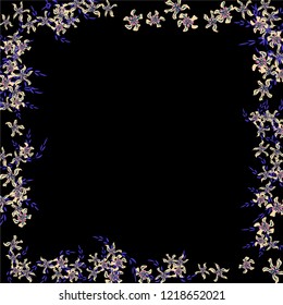 Floral Frame. Vector Square Pattern with Little Wild Flowers for Wallpaper, Banner, Placard. Floral Decoration for Wedding or Birthday Invitation. Trendy Design on Black Background.