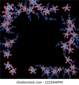 Floral Frame. Vector Square Pattern with Little Wild Flowers for Wallpaper, Banner, Placard. Floral Decoration for Wedding or Birthday Invitation. Trendy Design on Black Background.