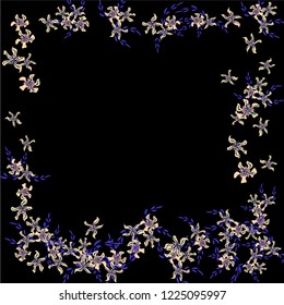 Floral Frame. Vector Square Pattern with Little Wild Flowers for Wallpaper, Banner, Placard. Floral Decoration for Wedding or Birthday Invitation. Trendy Design on Black Background.