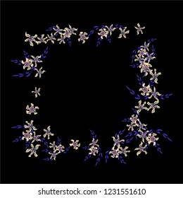 Floral Frame. Vector Square Pattern with Tiny Wild Flowers for Print, Brochure, Placard. Floral Decoration for Wedding or Birthday Invitation. Trendy Design on Black Background.