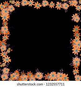 Floral Frame. Vector Square Pattern with Little Wild Flowers for Wallpaper, Brochure, Placard. Floral Decoration for Wedding or Birthday Invitation. Bright Design on Black Background.