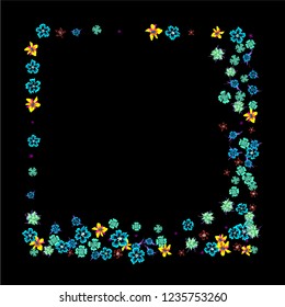 Floral Frame. Vector Square Pattern with Tiny Wild Flowers for Card, Cover, Poster. Floral Decoration for Wedding or Birthday Invitation. Colorful Design on Black Background.