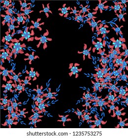 Floral Frame. Vector Square Pattern with Little Wild Flowers for Card, Cover, Poster. Floral Decoration for Wedding or Birthday Invitation. Trendy Design on Black Background.