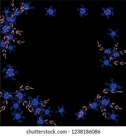 Floral Frame. Vector Square Pattern with Small Wild Flowers for Print, Brochure, Poster. Floral Decoration for Wedding or Birthday Invitation. Bright Design on Black Background.
