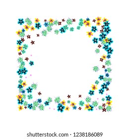 Floral Frame. Vector Square Pattern with Tiny Wild Flowers for Card, Banner, Placard. Floral Decoration for Wedding or Birthday Invitation. Bright Design on White Background.