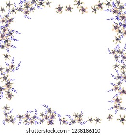 Floral Frame. Vector Square Pattern with Small Wild Flowers for Print, Brochure, Poster. Floral Decoration for Wedding or Birthday Invitation. Bright Design on White Background.