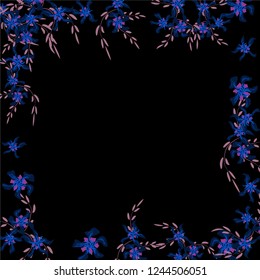 Floral Frame. Vector Square Pattern with Tiny Wild Flowers for Print, Brochure, Placard. Floral Decoration for Wedding or Birthday Invitation. Trendy Design on Black Background.