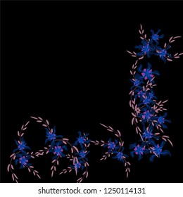 Floral Frame. Vector Square Pattern with Small Wild Flowers for Print, Brochure, Poster. Floral Decoration for Wedding or Birthday Invitation. Colorful Design on Black Background.