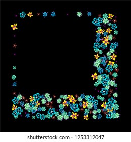 Floral Frame. Vector Square Pattern with Small Wild Flowers for Wallpaper, Brochure, Placard. Floral Decoration for Wedding or Birthday Invitation. Colorful Design on Black Background.