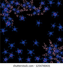 Floral Frame. Vector Square Pattern with Little Wild Flowers for Card, Cover, Poster. Floral Decoration for Wedding or Birthday Invitation. Colorful Design on Black Background.