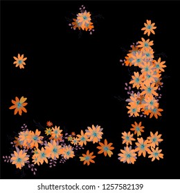 Floral Frame. Vector Square Pattern with Tiny Wild Flowers for Print, Brochure, Placard. Floral Decoration for Wedding or Birthday Invitation. Colorful Design on Black Background.