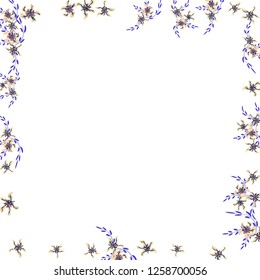 Floral Frame. Vector Square Pattern with Small Wild Flowers for Print, Cover, Poster. Floral Decoration for Wedding or Birthday Invitation. Bright Design on White Background.