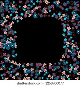 Floral Frame. Vector Square Pattern with Small Wild Flowers for Card, Banner, Placard. Floral Decoration for Wedding or Birthday Invitation. Trendy Design on Black Background.