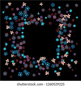 Floral Frame. Vector Square Pattern with Tiny Wild Flowers for Card, Cover, Poster. Floral Decoration for Wedding or Birthday Invitation. Colorful Design on Black Background.