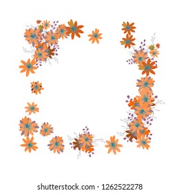 Floral Frame. Vector Square Pattern with Little Wild Flowers for Wallpaper, Brochure, Placard. Floral Decoration for Wedding or Birthday Invitation. Bright Design on White Background.
