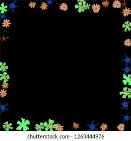 Floral Frame. Vector Square Pattern with Little Wild Flowers for Print, Brochure, Poster. Floral Decoration for Wedding or Birthday Invitation. Trendy Design on Black Background.