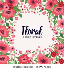 Floral frame. Vector template for design. Red-pink colors.