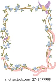 Floral frame of vine and small birds wraps around empty space with a bow and tiny blossoms. Symbol of romance, spring, greeting, and invitation. Cartoon vector illustration.