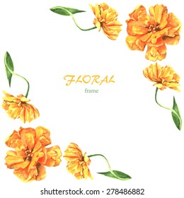 floral frame with watercolor drawing tulips, hand drawn vector illustration