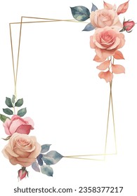 floral frame with watercolor roses, gold frame with flower bouquet
