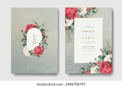 floral frame wedding invitation card with roses and hydrangea flowers