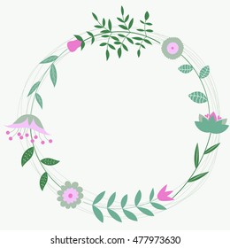 Floral frame for wedding invitations and cards birthday. Retro flowers arranged in a shape of the wreath