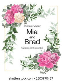 Floral frame for wedding invitations. White and pink peonies, eucalyptus, green plants and leaves. Template for a greeting card.
