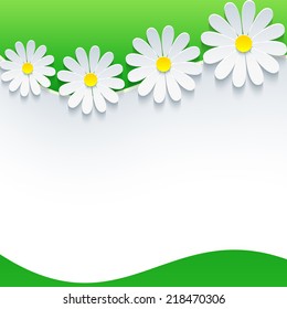Floral frame with white 3d flower chamomile. Beautiful trendy spring or summer background with sheet of paper, place for text. Vector illustration