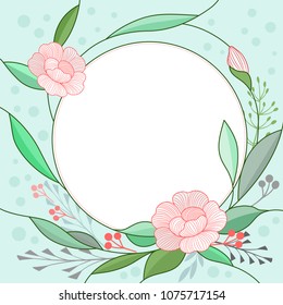 Floral frame with white circle space for text, vector invitation design.