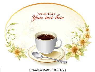 floral frame with a white cup of coffee