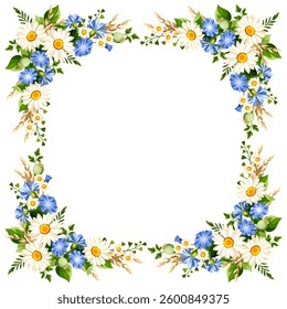 Floral frame with white daisy flowers, blue chicory flowers, and ears of wheat. Country flowers vignette. Vector greeting or invitation card design. Hand-drawn illustration, not AI