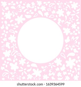 Floral frame white flowers on a pink background. Vector frame with round place for text. Greeting card tamplate with copyspace for invitations to a birthday, wedding, Instagram post, photo frame.