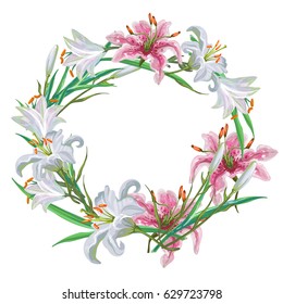 floral frame of white and pink lilies. Vector illustration.