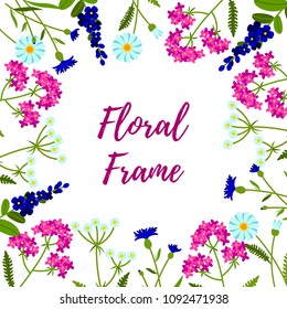 Floral frame of wild flowers. Field flowers background. Vector illustration. Space for text
