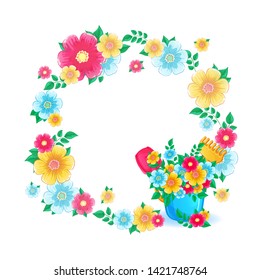 Floral frame a wreath of bright flowers and a bouquet in a plastic blue children's bucket. Garden tools, shovel and rake. Vector illustration for text or photo.