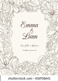 Floral frame wreath design element. Wedding ceremony invitation card template. Rose, peony and lily flowers. Spring summer season. Brown outline on beige background.