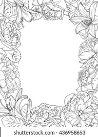 Floral frame wreath design element. Border decorated with peony, lily and rose flowers. Spring summer season. Detailed black and white vector drawing.