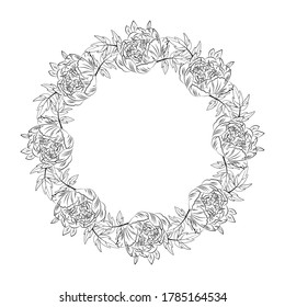 Floral frame. Wreath of different flowers with leaves. Natural background.