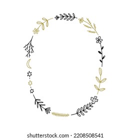 Floral frame or wreath, goblincore, witchcore, fairycore style aesthetic decor elements. Cartoon doodle text template in woodland forest style. Vector and jpg printable image, unique boho clipart