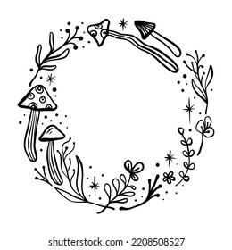 Floral frame or wreath mushroom, goblincore, witchcore, fairycore style aesthetic decor elements. Cartoon doodle text template in woodland forest style. Vector and jpg printable image, unique boho