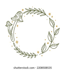 Floral frame or wreath mushroom, goblincore, witchcore, fairycore style aesthetic decor elements. Cartoon doodle text template in woodland forest style. Vector and jpg printable image, unique boho