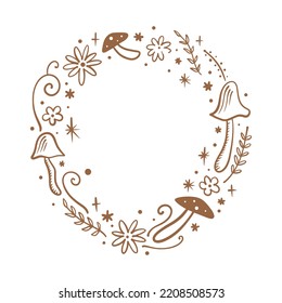 Floral frame or wreath mushroom, goblincore, witchcore, fairycore style aesthetic decor elements. Cartoon doodle text template in woodland forest style. Vector and jpg printable image, unique boho